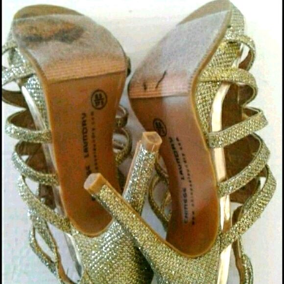 Chinese Laundry Gold Sparkly Night Out Party Open Toe Strappy Platform Heels - Picture 7 of 9